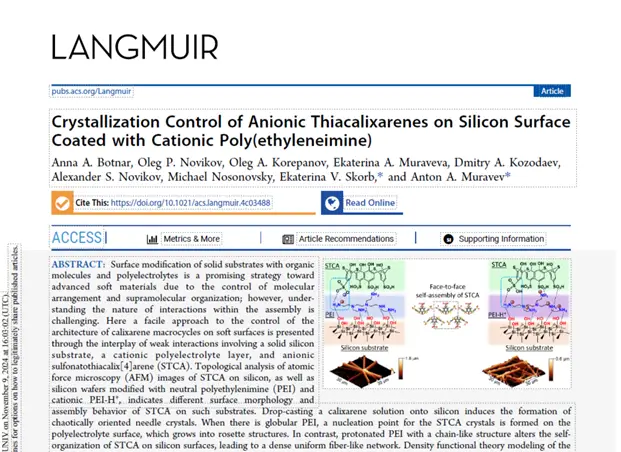 Статья в международном журнале LANGMUIR (Q1)
